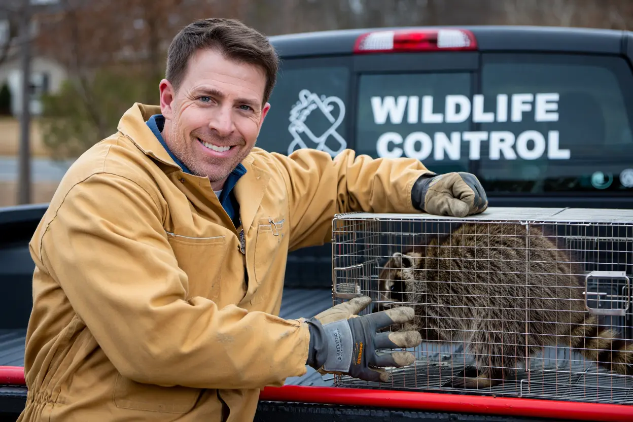 Wildlife control professional with trapped raccoon